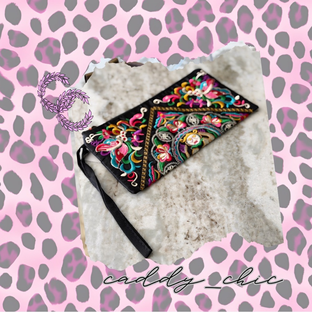 Embroidered Clutch Black Multicolor Boho Purse w/ Red Tassel | Zip Closure | NWT